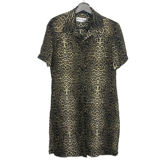 Vintage Tops - Vintage 90s Leopard Print Sheer Button Up Short Sleeve Tunic Top Large